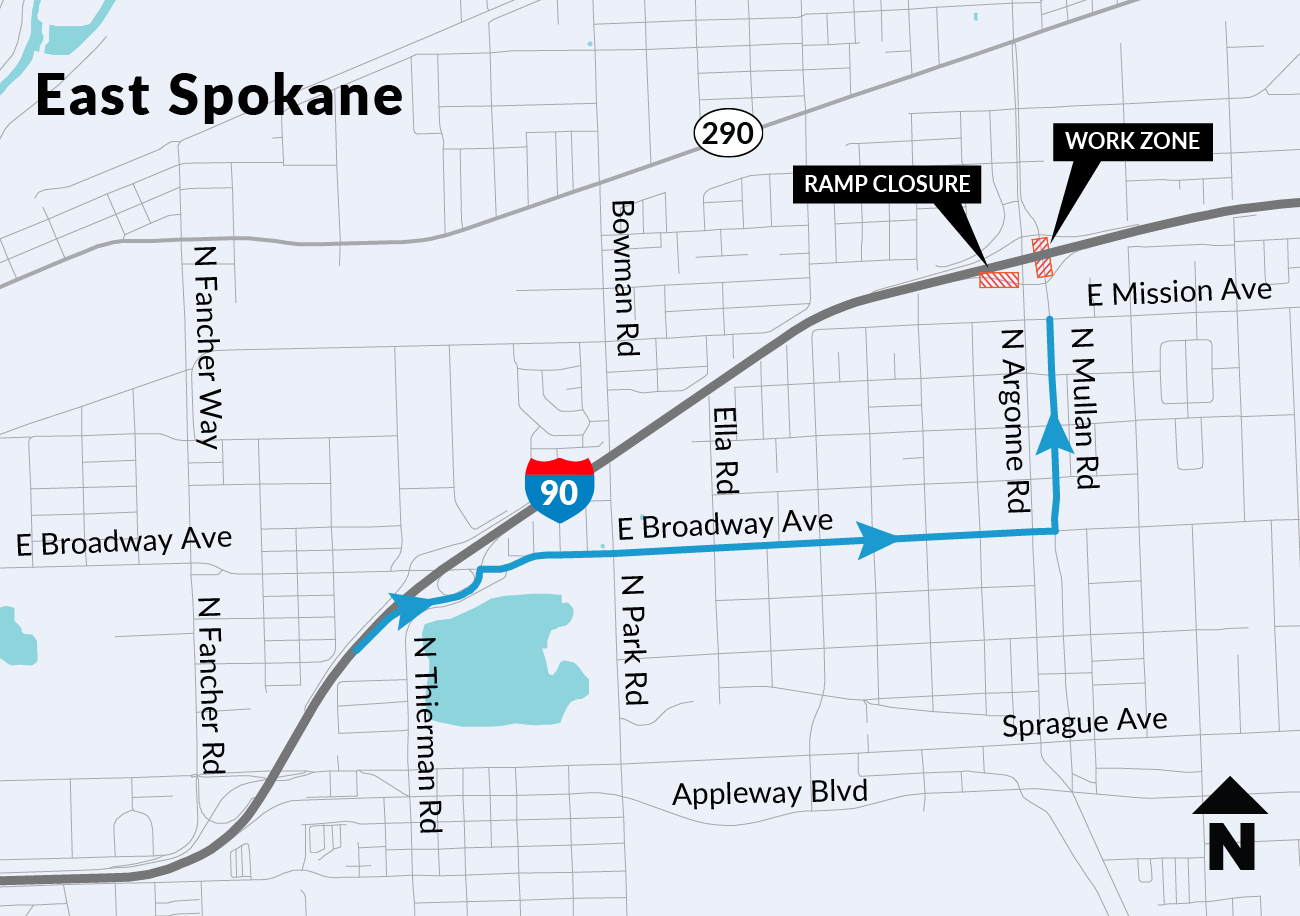 Detour map for the Argonne Road eastbound I-90 off-ramp closure as part of the Mullan Road bridge work.