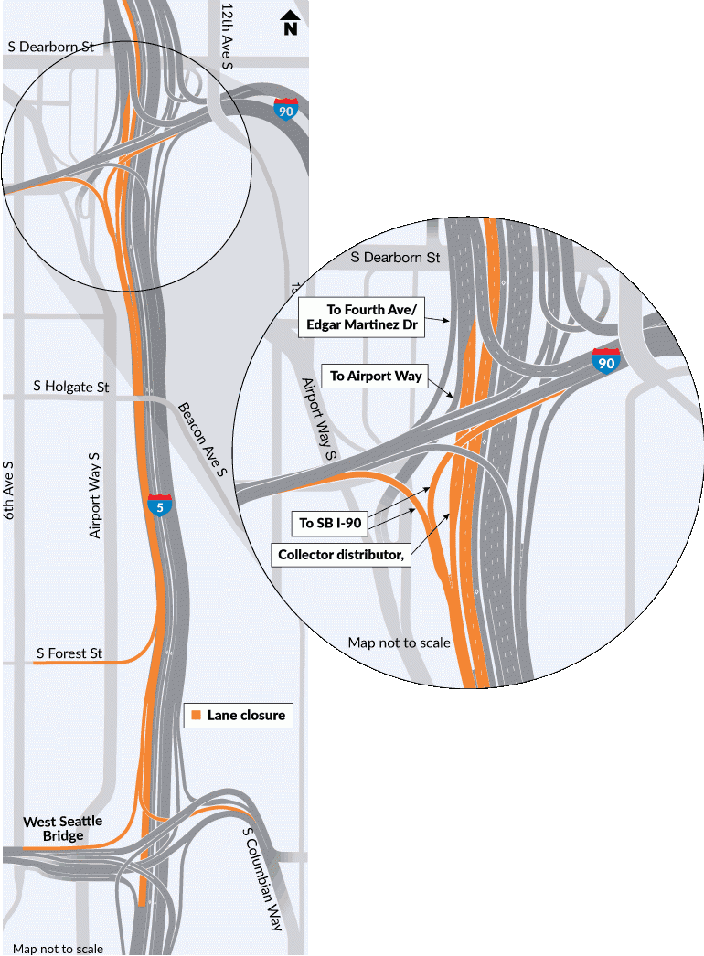 A map showing the right lanes closed with the collector/distributor, I-90 ramps, Forest Street, Columbian Way and Spokane Street ramps closed.