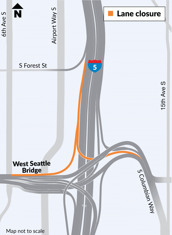 A map showing the ramps closed the West Seattle Bridge and Columbian Way.