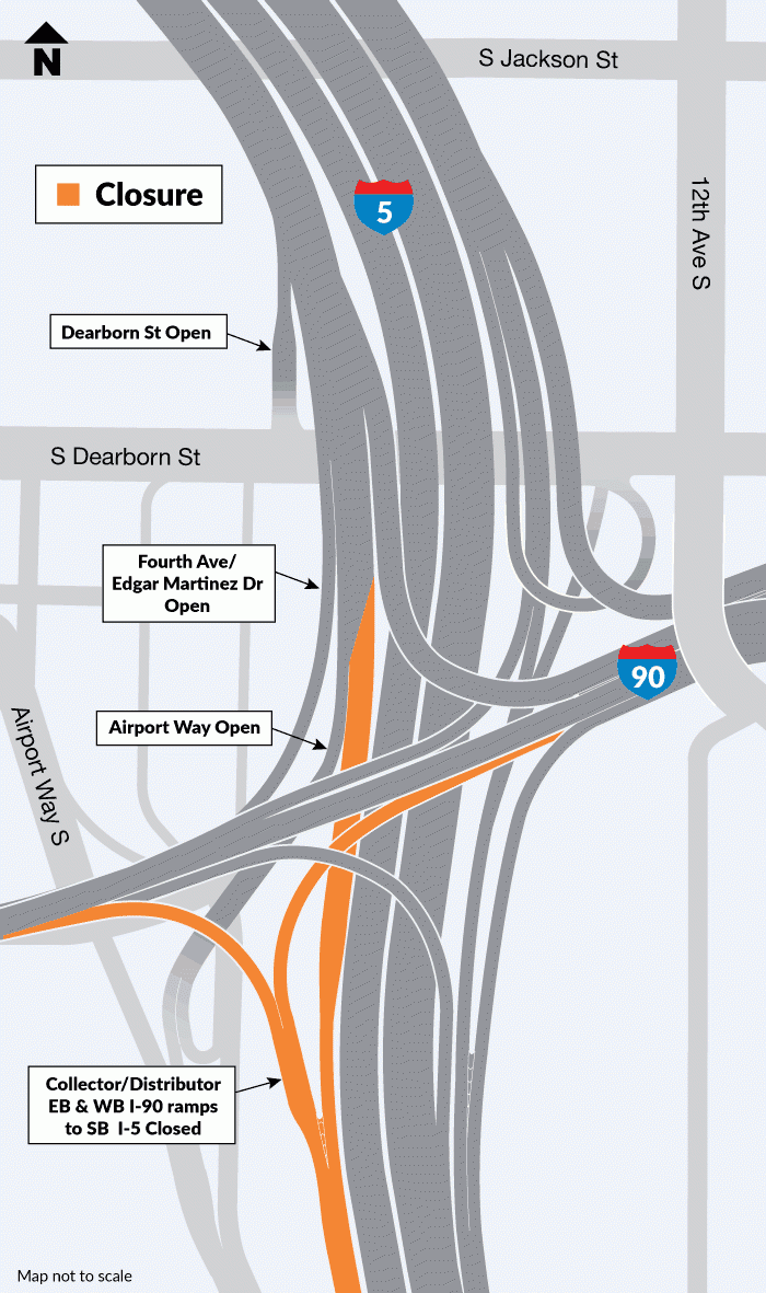 A map that shows the eastbound and westbound I-90 and the southbound collector/distributor ramp closures to southbound I-5.