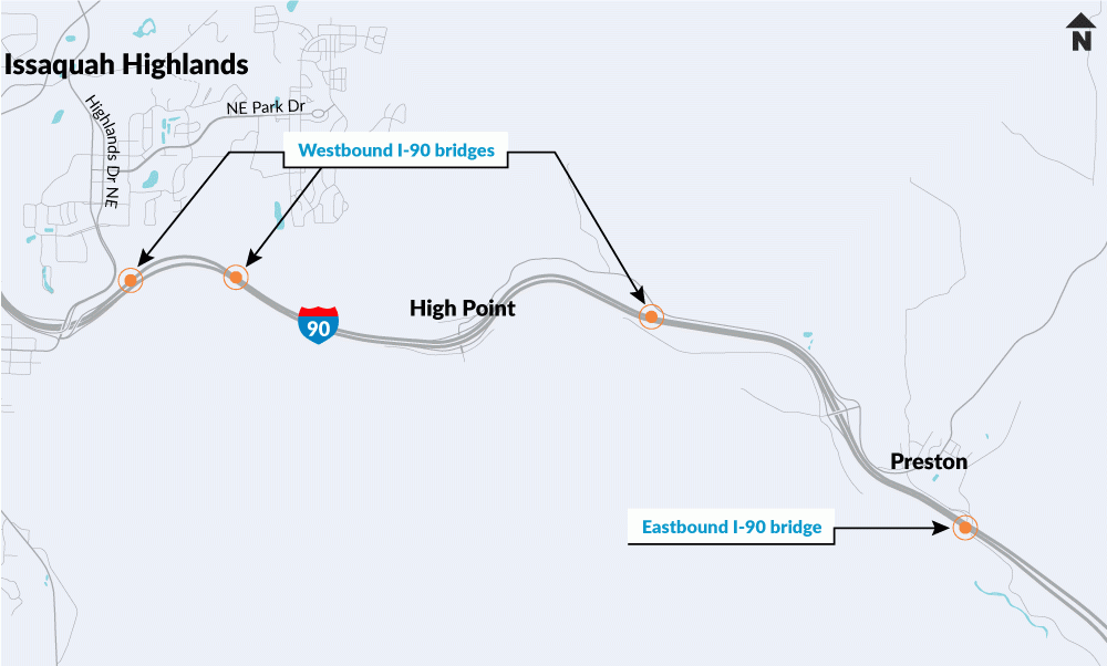 A map showing the locations for work on I-90 east of Issaquah.
