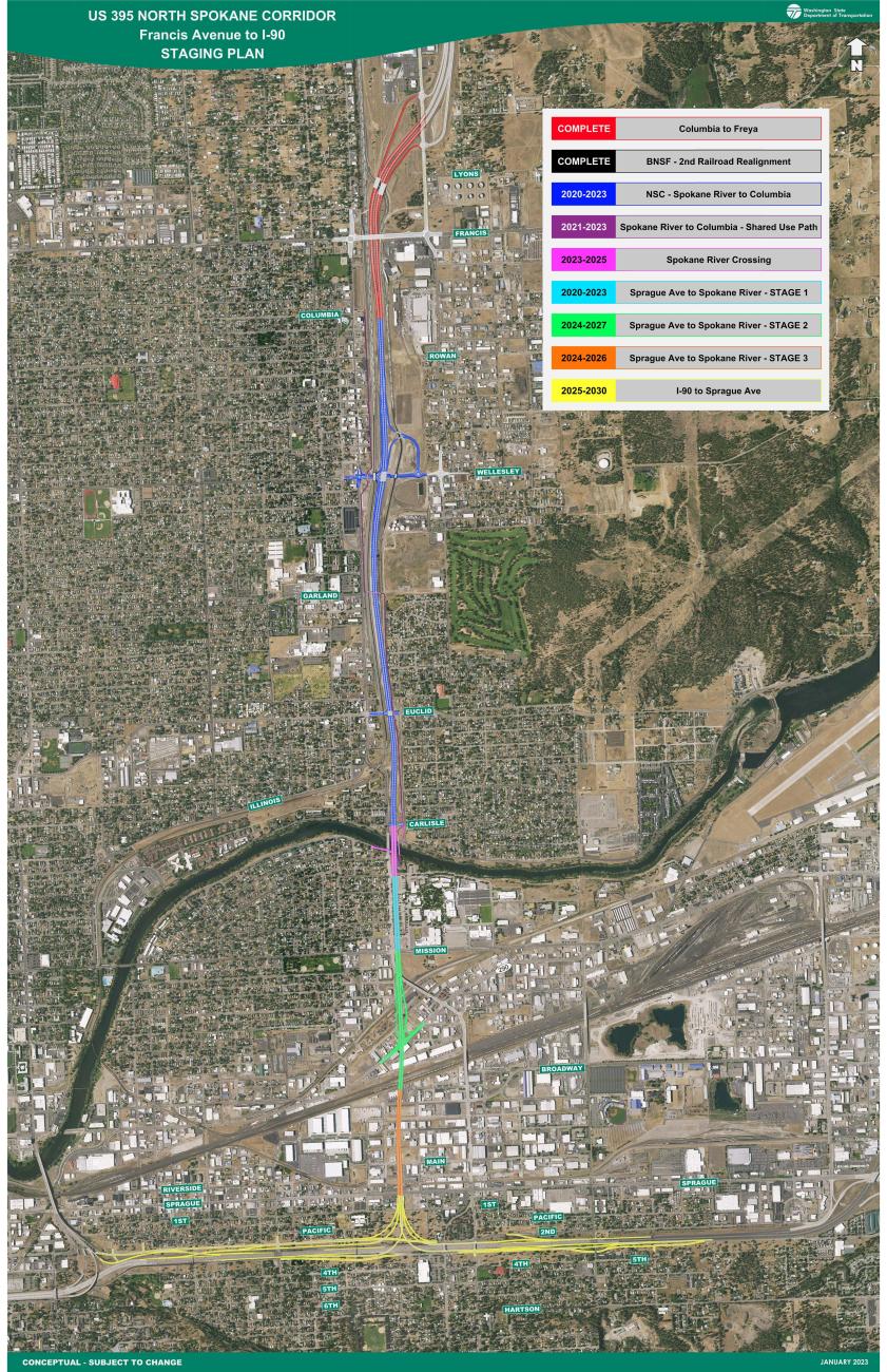 Updated staging map of construction for the North Spokane Corridor.
