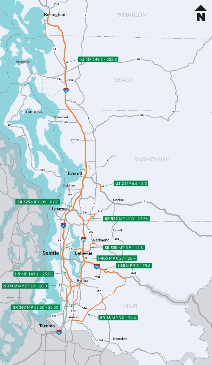 Map shows highways included in regional breakaway cable replacement project.