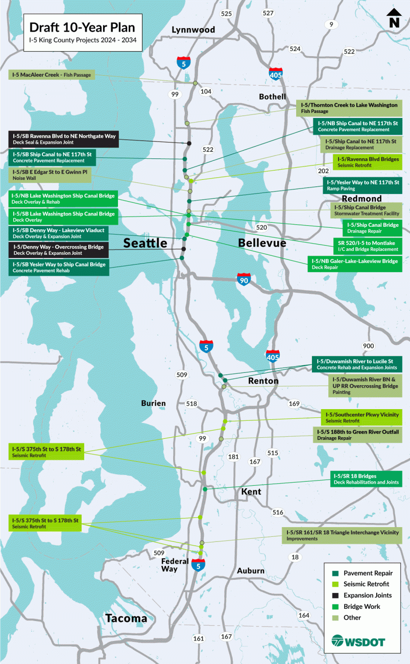 A map showing WSDOT's Draft 10-year Plan for projects along I-5 from 2024 to 2034.