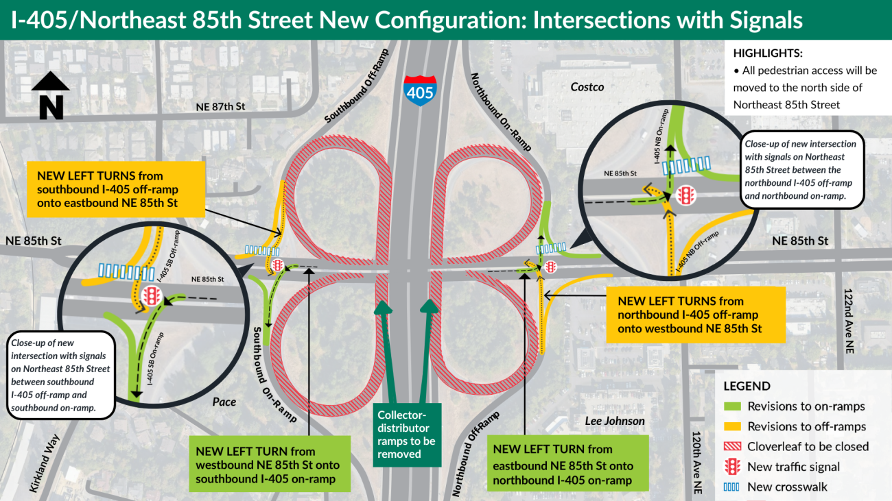 Map showing travel changes with new signalized intersections on Northeast 85th Street and the I-405 Interchange.