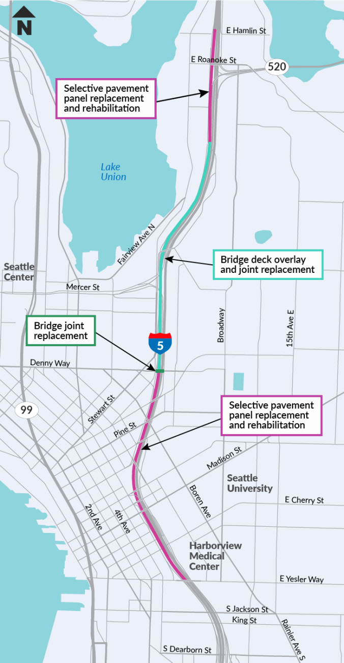 A map showing locations for pavement replacement, bridge joint replacement and roadway repaving.