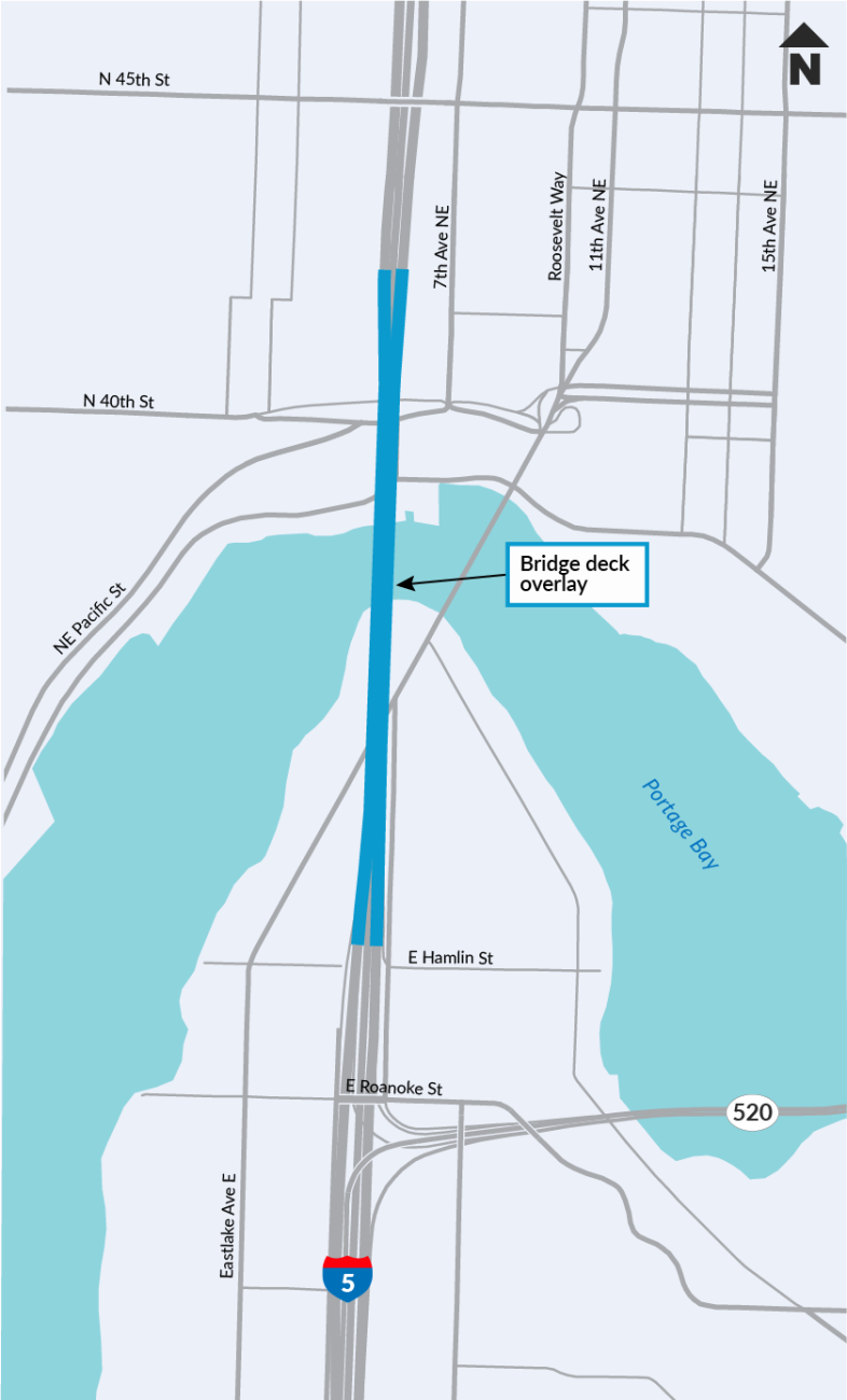 A map showing the location of the I-5 Lake Washington Ship Canal Bridge.