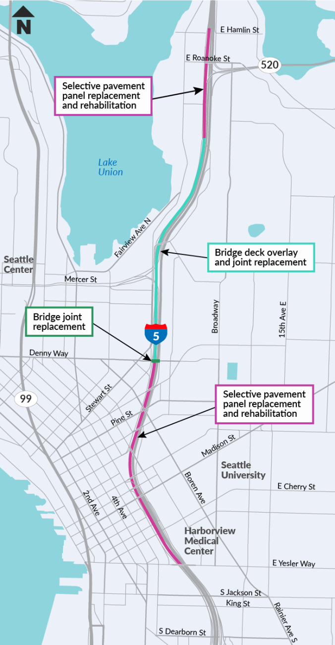 A map showing the full length of the I-5 Yesler to Northgate work zone.