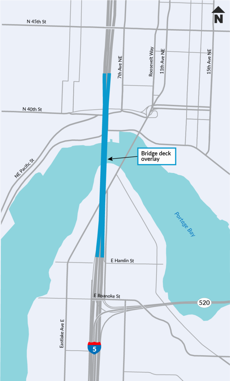 A map showing the location of the I-5 Lake Washington Ship Canal bridge, which will be repaired and repaved as part of the I-5 Yesler to Northgate project .