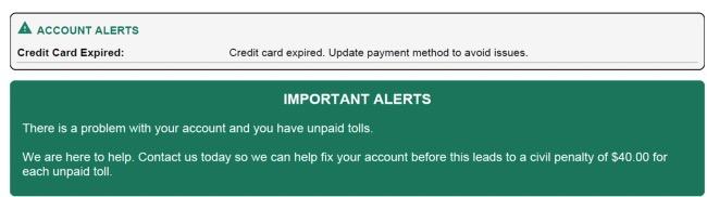 Un par de recuadros de una factura de peaje que destacan información importante sobre la cuenta de un usuario. Indica que una tarjeta de crédito ha caducado y que es necesario actualizarla para mantener la cuenta al día.