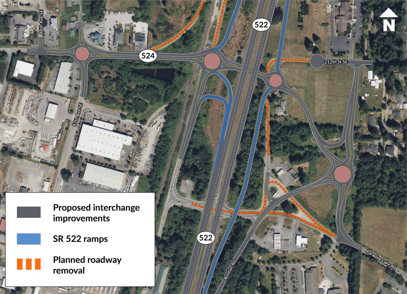 A map showing proposed interchange improvements in gray, SR 522 on and off ramps in blue andproposed roadway removal in orange.  