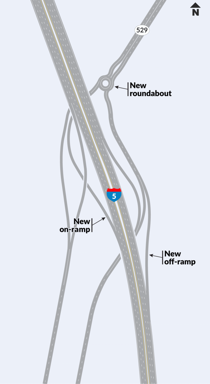 A graphic showing a map of the I-5 and SR 529 interchange area. The new on- and off-ramps and a new roundabout are labeled.