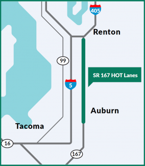 A map showing the location of the SR 167 HOT lanes, which provide a faster trip for drivers travelling from Renton to Auburn and back. 