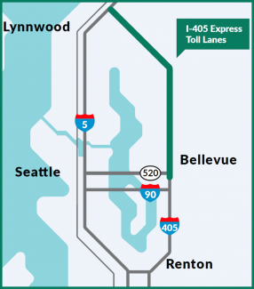 A map showing the location of the I-405 express toll lanes, which provide drivers a faster trip from Lynnwood to Bellevue and back. 