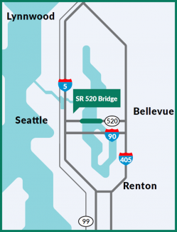 A map showing the location of the SR 520 Bridge, which connects Seattle to Bellevue. 
