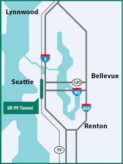 A map showing the location of the SR 99 tunnel, which carries traffic underneath Seattle from the Space Needle to the Stadium. 