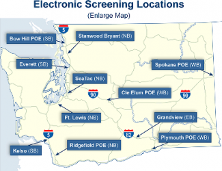 Map of electronic screen locations around Washington. Locations include Bow Hill POE, Stanwood Bryant, Everett, SeaTac, Ft. Lewis, Kelso, Ridgefield, Plymouth POE, Grandview, Cle Elum, and Spokane.  
