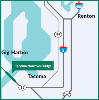 A map showing the location of the Tacoma Narrows Bridge, which carries SR 16 between Gig Harbor and Tacoma