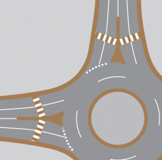 Sample image of a roundabout with multi-lane approaches and crosswalks shown in brown and white.