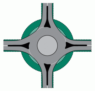 Graphic of a traffic circle in green with a modern roundabout overlaid on top.