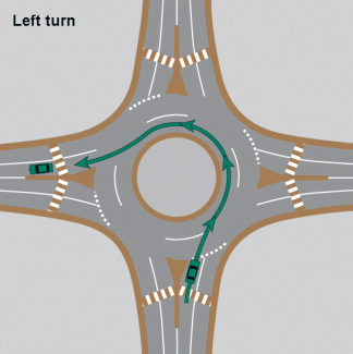 Graphic of a multi-lane roundabout showing a car and its path in green making a left turn from the left lane.