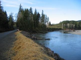 Photo of temporary fix at Hoh River Site 1 using rip-rap, looking downstream. Rip-rap is on the left with river on right side.