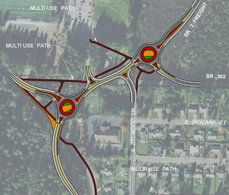 Design visualization of proposed roundabouts and path of SR 3 Freight Corridor. Map shows proposed multi-use path, State Route 302, East Bellwood Lane, East Skylark Court and an overhead image of North Mason High School's football field. 
