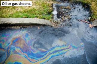 Oil or gas sheem flowing into curbside drainage.