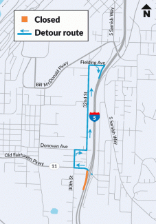 Map showing I-5 detour at Padden Creek Fish Passage.