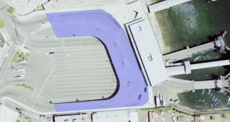 Aerial photo of Bremerton terminal with bus pick up and drop-off ramp highlighted in purple