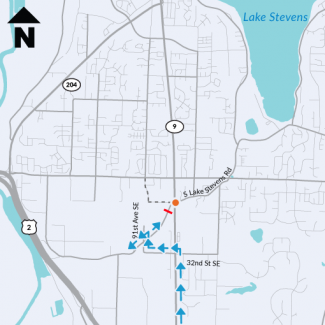 Map showing detour route for local traffic wanting to access South Lake Stevens Road west of SR 9.
