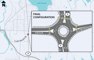 A digital rendering of the final configuration of new roundabout on SR 9 and South Lake Stevens Road