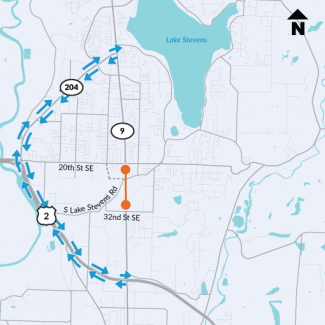 Map showing detour route for through traffic during SR 9 and South Lake Stevens Road full closures