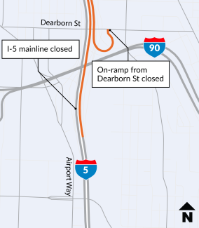 QA map showing the closure of the I-5 mainline and the Dearborn Street on-ramp.