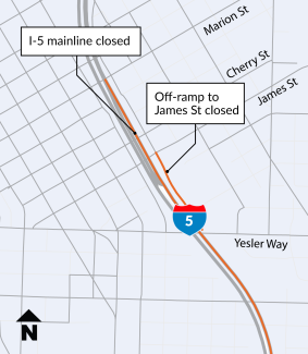 A map showing the I-5 mainline and James Street ramp closed.