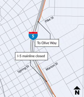 A map showing the I-5 mainline closure and the Olive Way ramp closure.