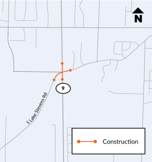 Map showing primary work area for construction of new roundabout on SR 9 and South Lake Stevens Road