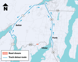Oversized and heavy trucks will need to detour north on SR 16 to SR 3 in Belfair around the closure during construction.