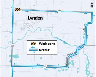 Map showing detour during full closure of SR 546 at Pepin Creek and Duffner Ditch fish passage.