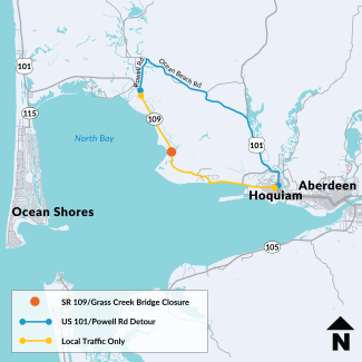 Map showing Hoquiam, Aberdeen and Ocean Shores with north arrow pointing up. Orange dot on SR 109 shows the Grass Creek Bridge closure. Blue line shows the detour route via US 101, Ocean Beach Road and Powell Road. Yellow line on SR 109 shows local traffic only.