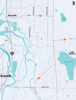 A map of all 3 project locations for the SR 92/204/528 Fish Passage Bundle in Lake Stevens and Marysville, WA.