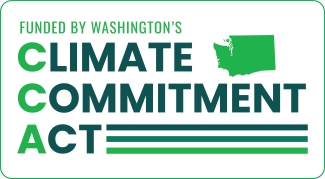 logo saying 'Funded by Washington's Climate Commitment Act,' with an image of the outline of Washington state