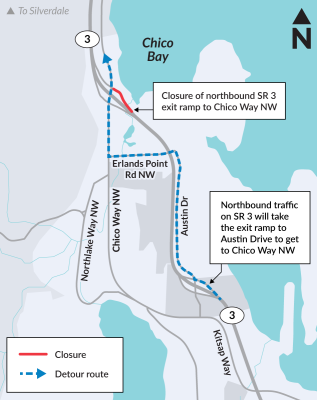 A map of Chico Way in Bremerton showing a detour for a 7-day closure of the northbound SR 3 off-ramp to Chico Way NW