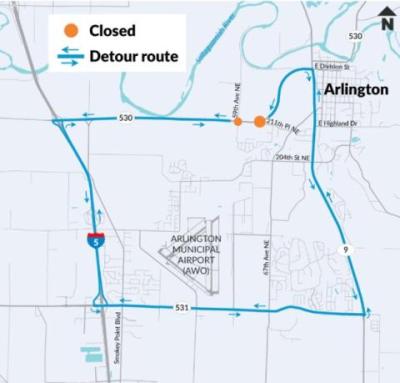 Map showing detour route during full closure of SR 530 between 59th Avenue Northeast and 211th Place Northeast, just west of Arlington.