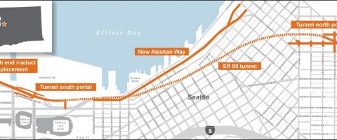 Map showing Alaskan Way Viaduct program limits along Seattle waterfront, south end near stadiums and north end near Seattle Center