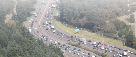 Aerial photo of a congested I-5 through JBLM
