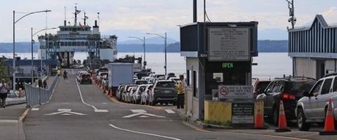 Cars wait for the ferry on the Fauntleroy Ferry Terminal dock