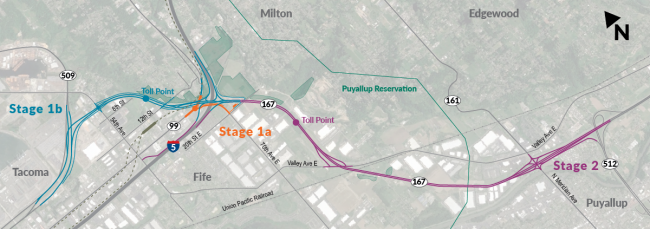 Map showing stages 1a, 1b, and 2 of the SR 167 Completion Project around Tacoma, Fife, and Puyallup, WA