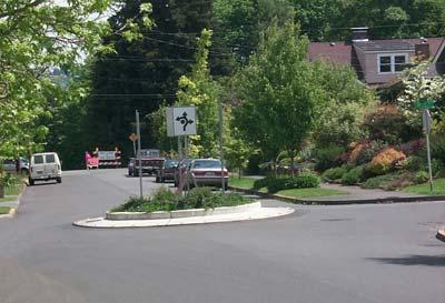 Image of a neighborhood traffic calming circle in a residential intersection.