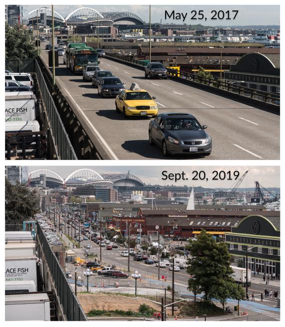 Top photo shows vehicles driving on elevated highway along Seattle's waterfront. Bottom photo shows the same view, with the elevated highway gone and the surface street along the waterfront visible.